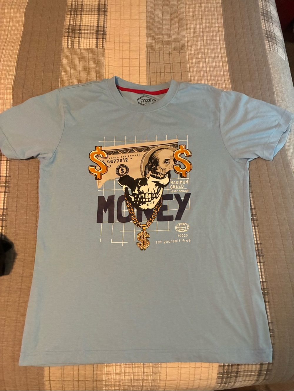 Light Blue Graphic Money Skull Crew Neck T-Shirt